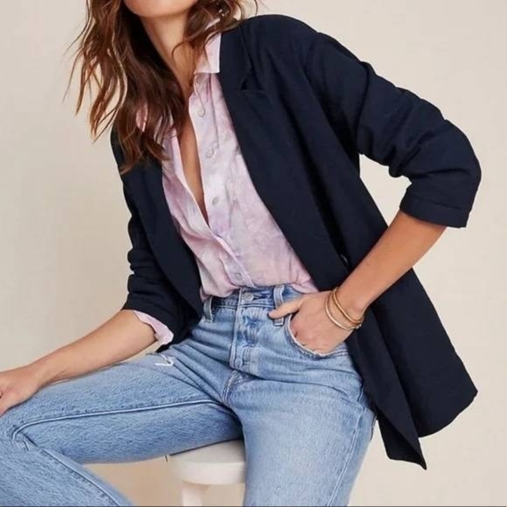 Amadi Anthropologie Slouchy Navy Blue Linen Rayon Blazer Size L Lightweight NEW